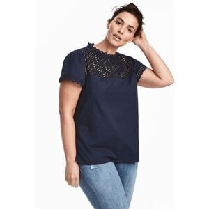 H&M Womens Blouse Size 16 Navy Blue Embroidered Eyelet Short Sleeve Cotton
